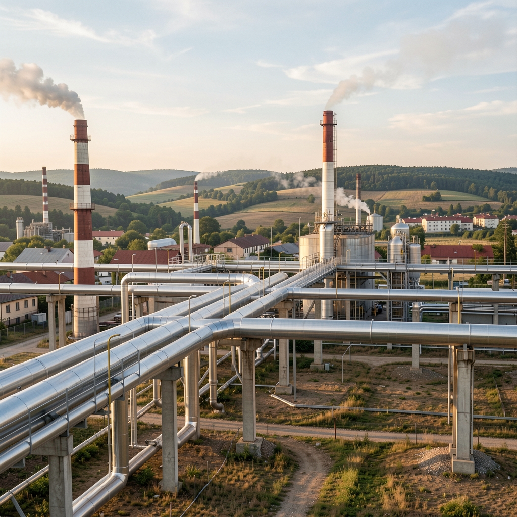 Conducte metalice de gaz traversând un peisaj industrial românesc fără persoane