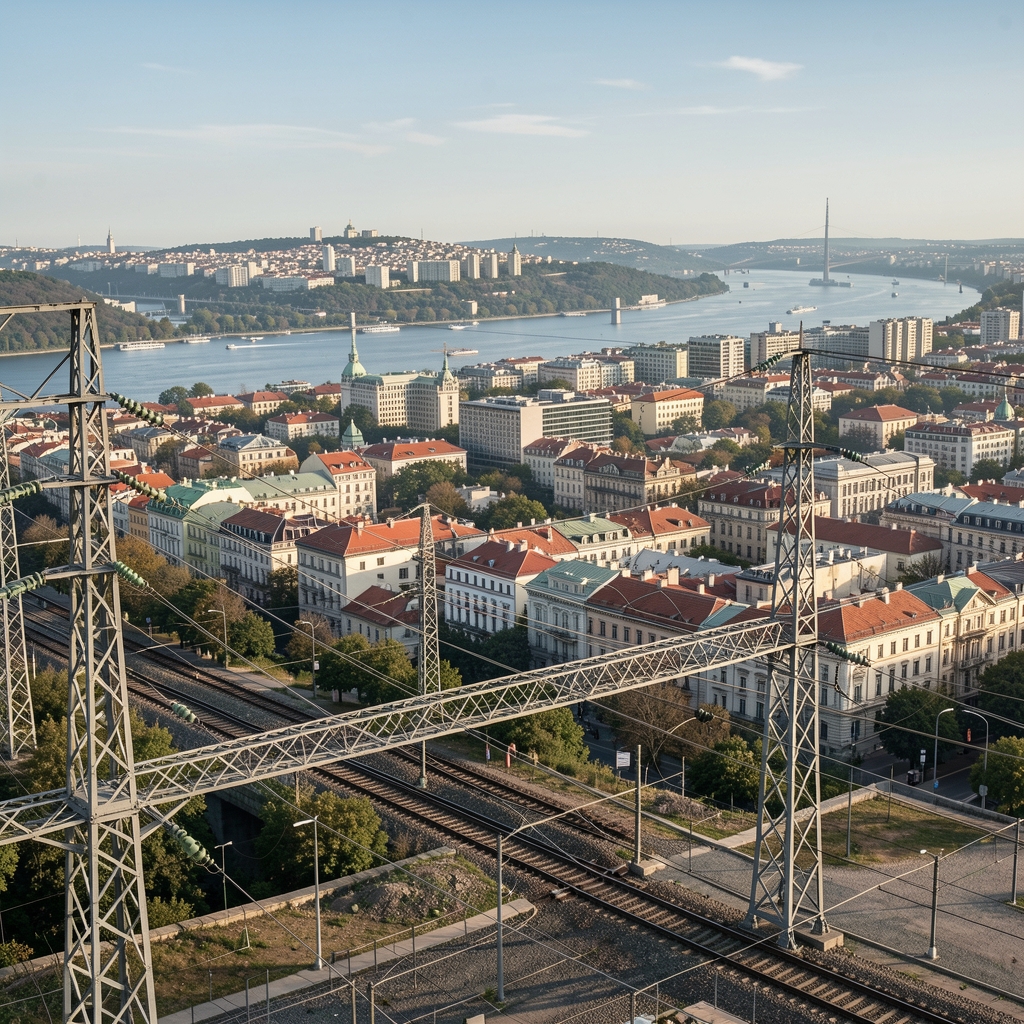 Panoramă a Bucureștiului cu infrastructură electrică în prim-plan, fără persoane
