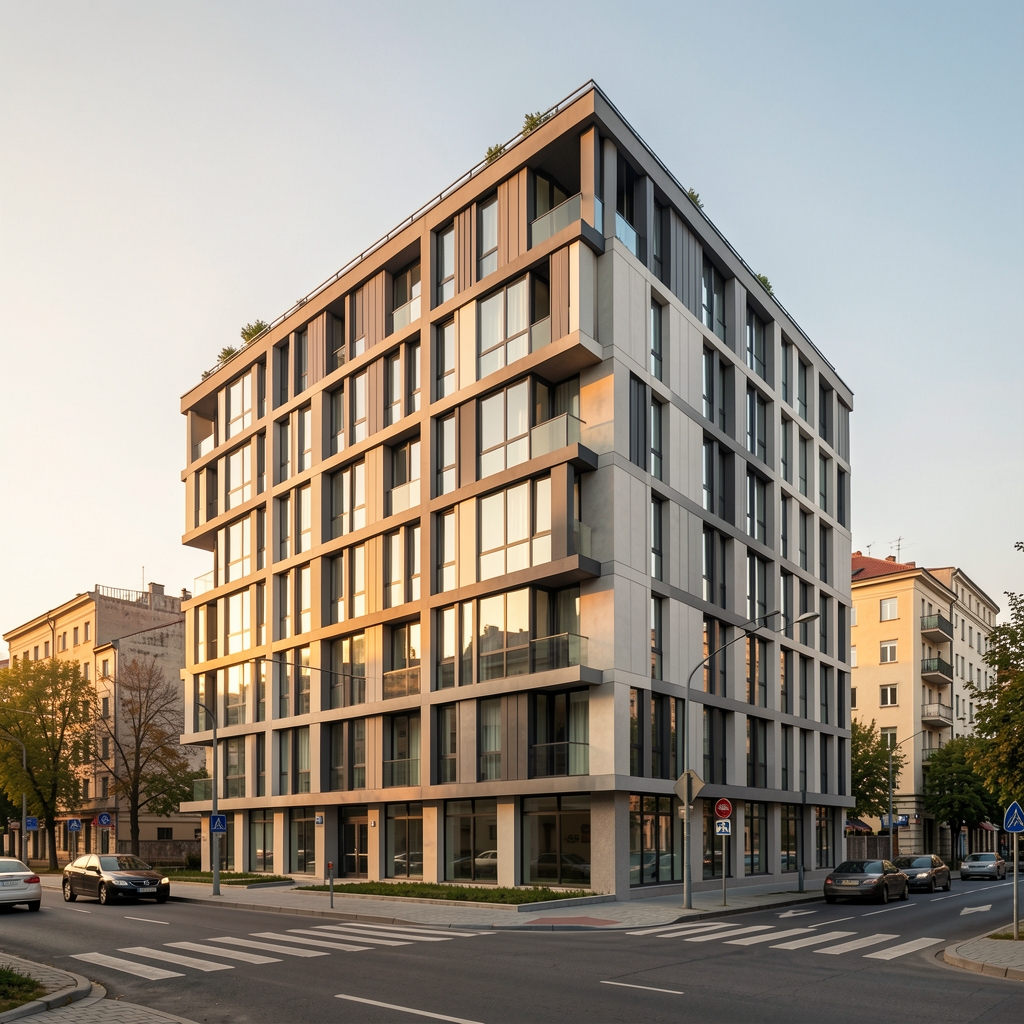 Clădire urbană din București cu linii moderne și lumină de seară, fără persoane