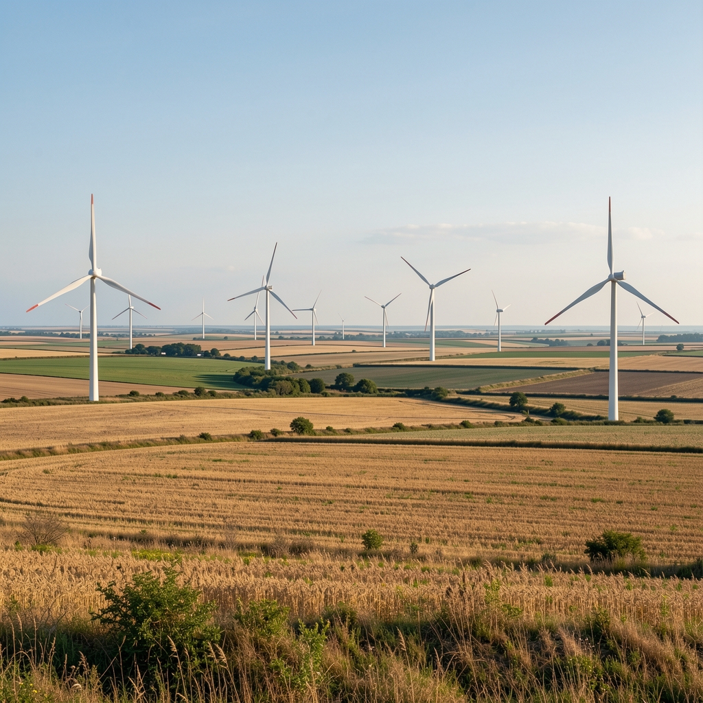 Peisaj vast din Dobrogea cu turbine eoliene și teren agricol, fără persoane