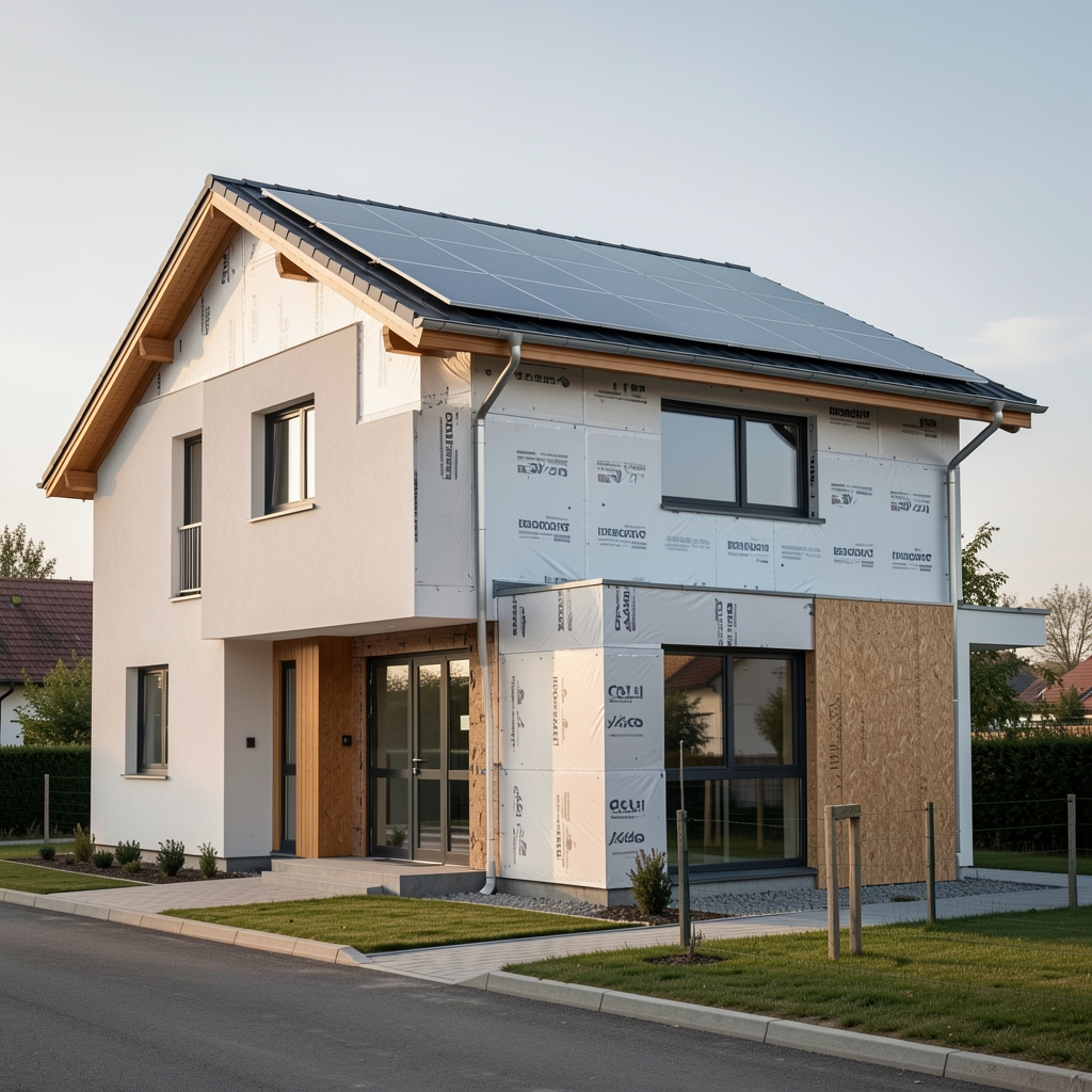 Clădire modernizată energetic cu fațadă izolată și panouri solare, fără persoane