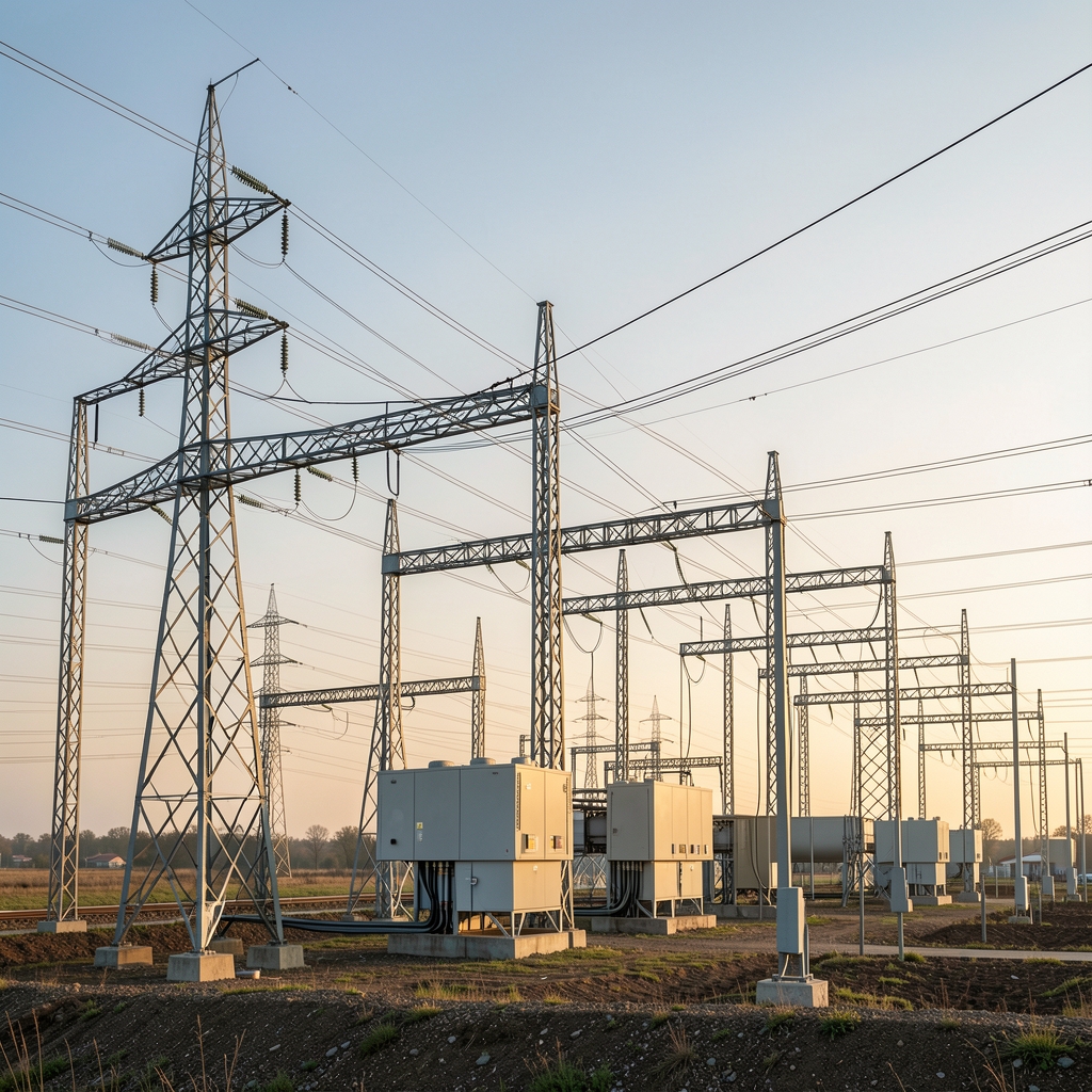 Rețea electrică modernă la răsărit cu linii și stații, fără persoane