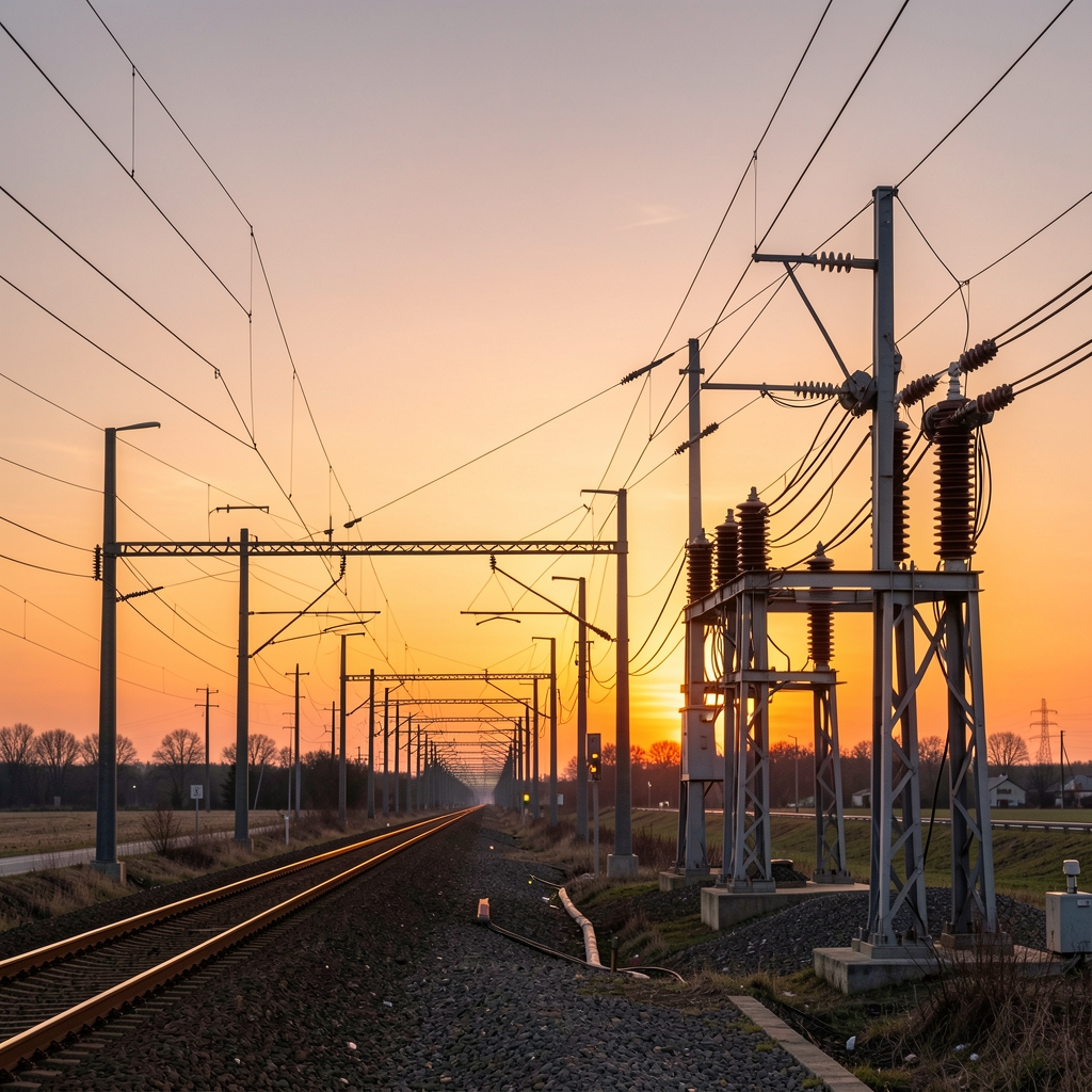 Linii de transport electric și stație de transformare la apus, fără persoane