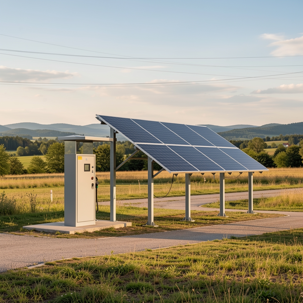 Stație electrică și panouri solare într-un peisaj românesc fără persoane