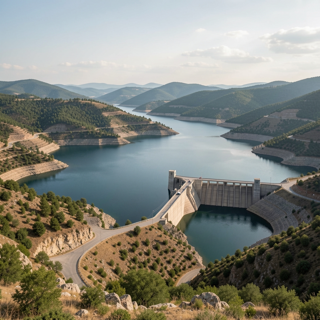Baraj hidroelectric cu lac de acumulare înconjurat de dealuri, fără persoane