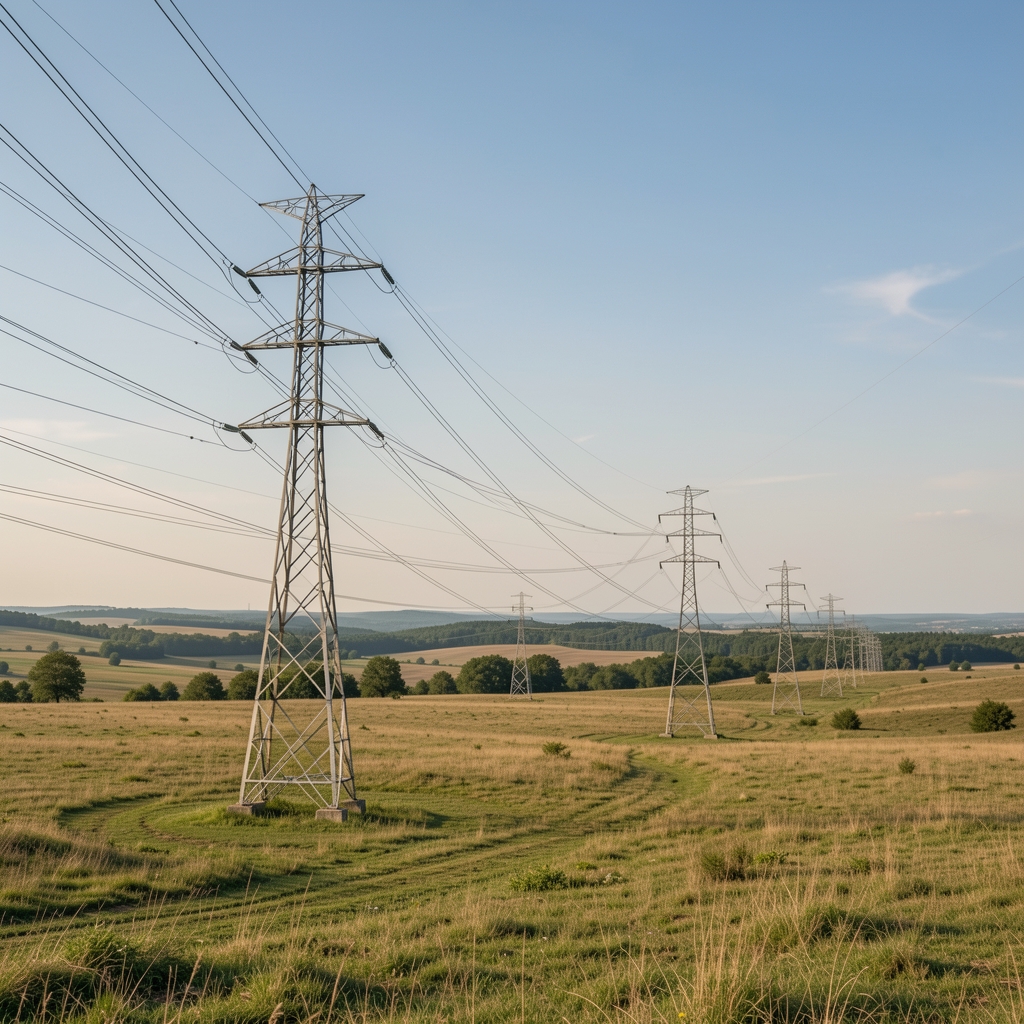 Stâlpi de înaltă tensiune și linii de transport electric într-un peisaj deschis din România, fără persoane