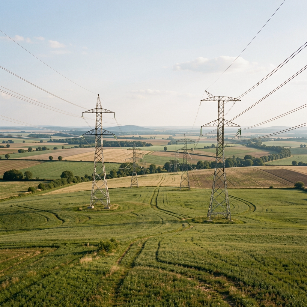 Stâlpi de rețea electrică peste un peisaj rural din Moldova, fără persoane