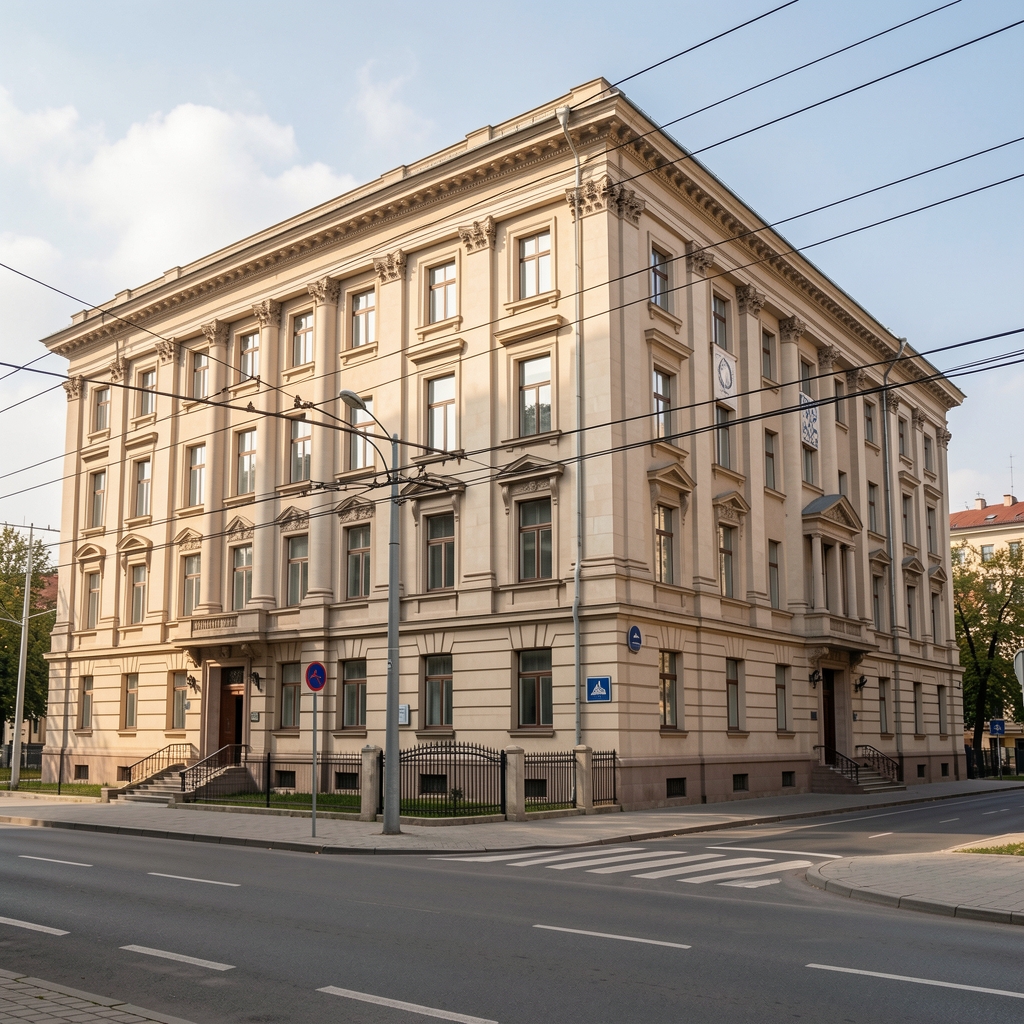 Clădire instituțională din București lângă linii electrice, fără persoane