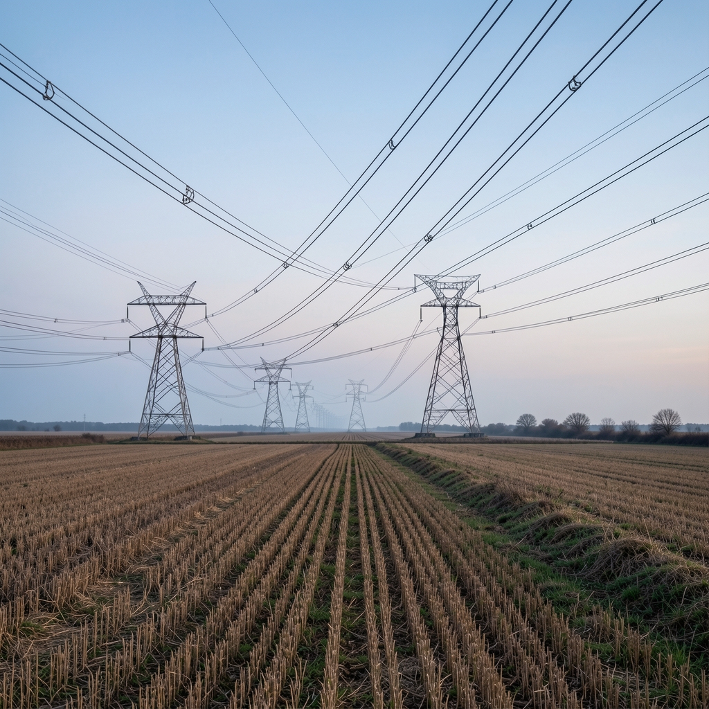 Linii de înaltă tensiune traversând un câmp agricol la lumină rece, fără persoane
