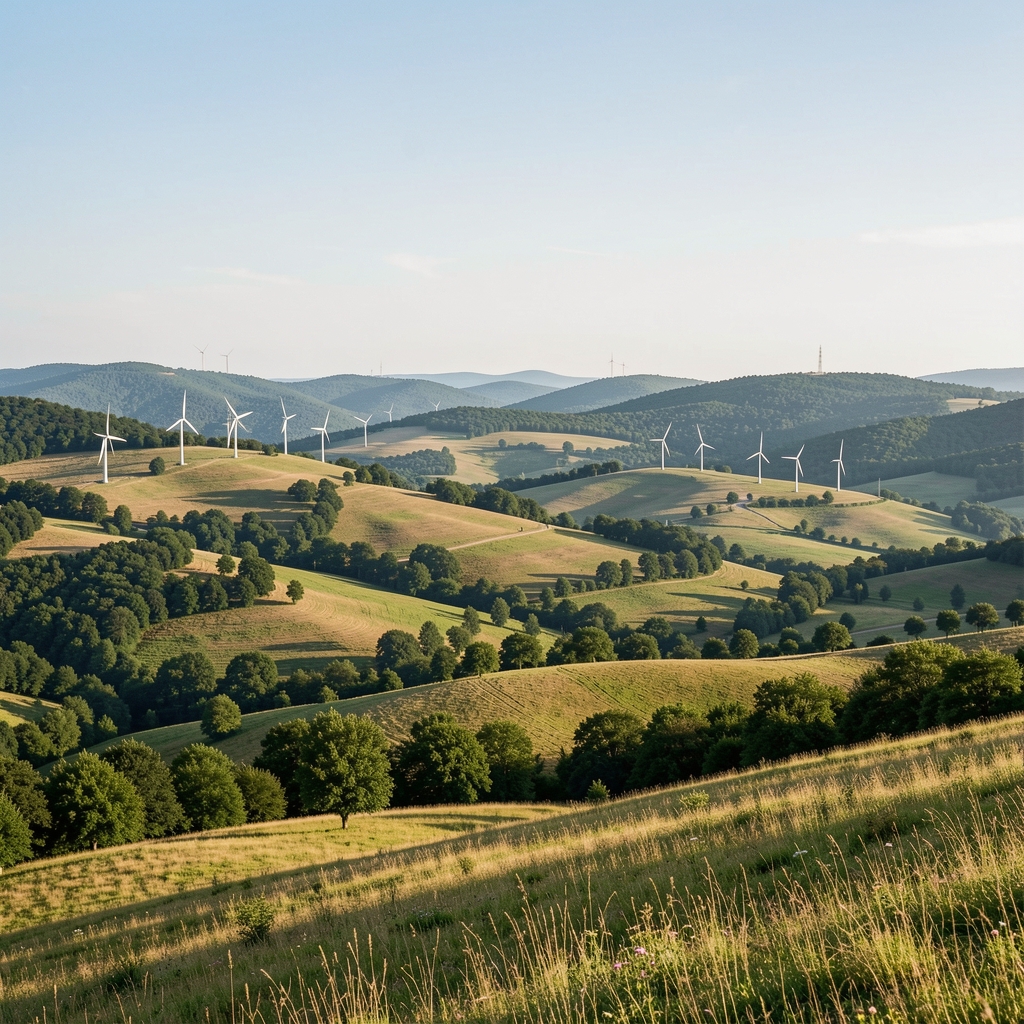 Peisaj românesc cu dealuri și infrastructură energetică discretă, fără persoane