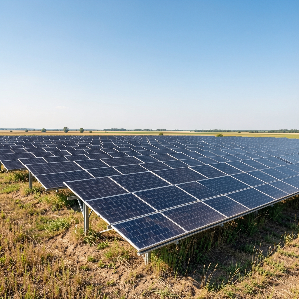 Rânduri de panouri fotovoltaice într-un câmp din Dobrogea sub cer senin, fără persoane