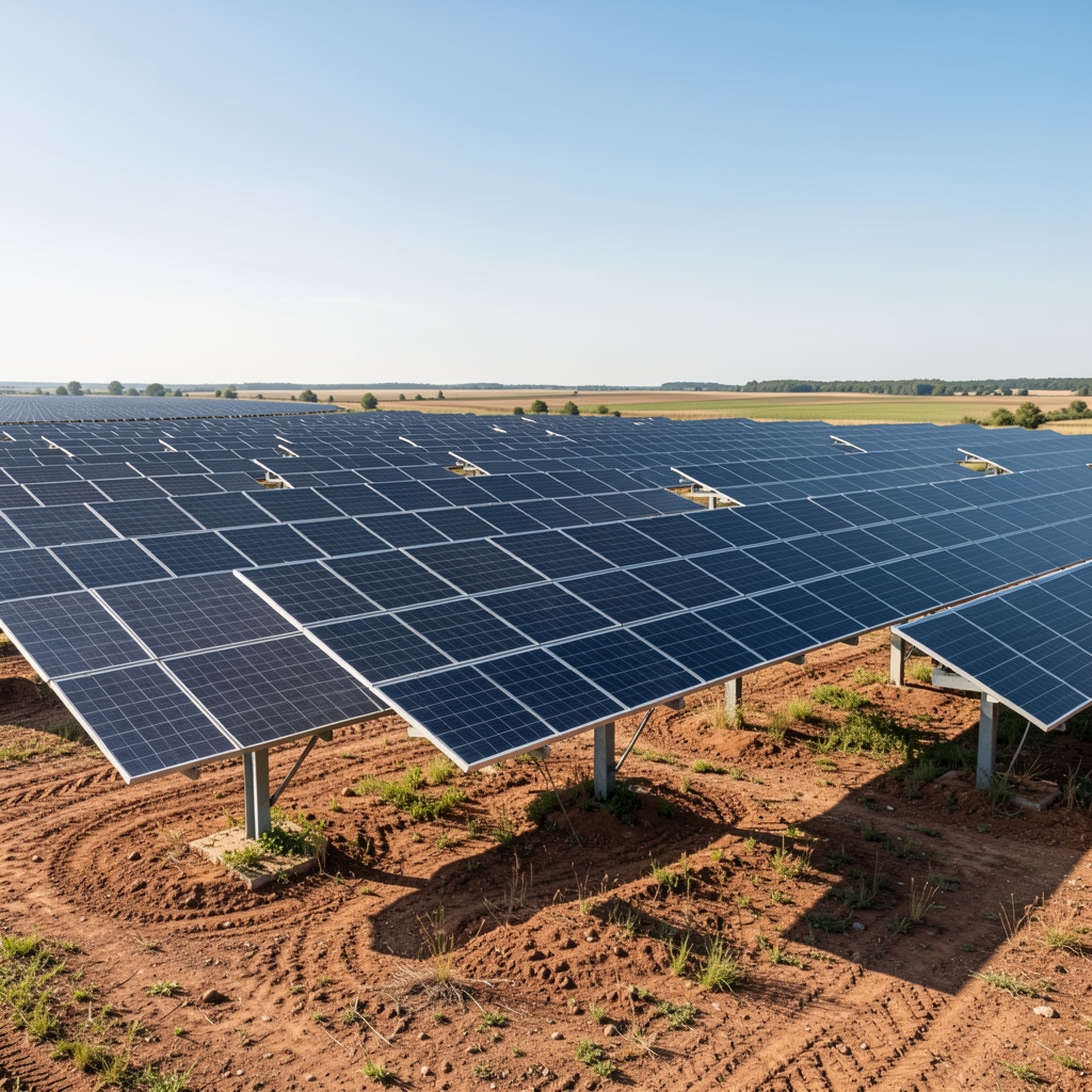 Câmp de panouri fotovoltaice la sol sub cer senin, fără persoane