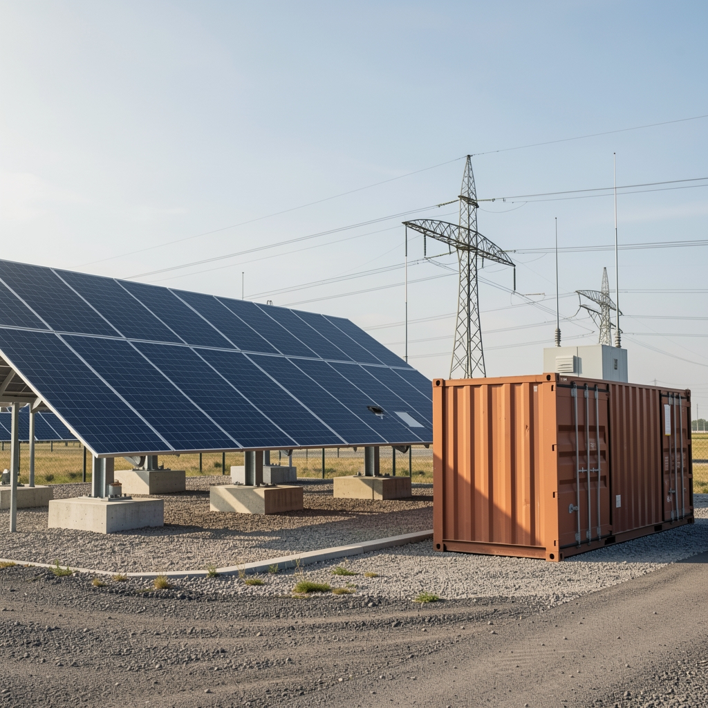 Panouri solare și containere de stocare lângă o stație energetică, fără persoane