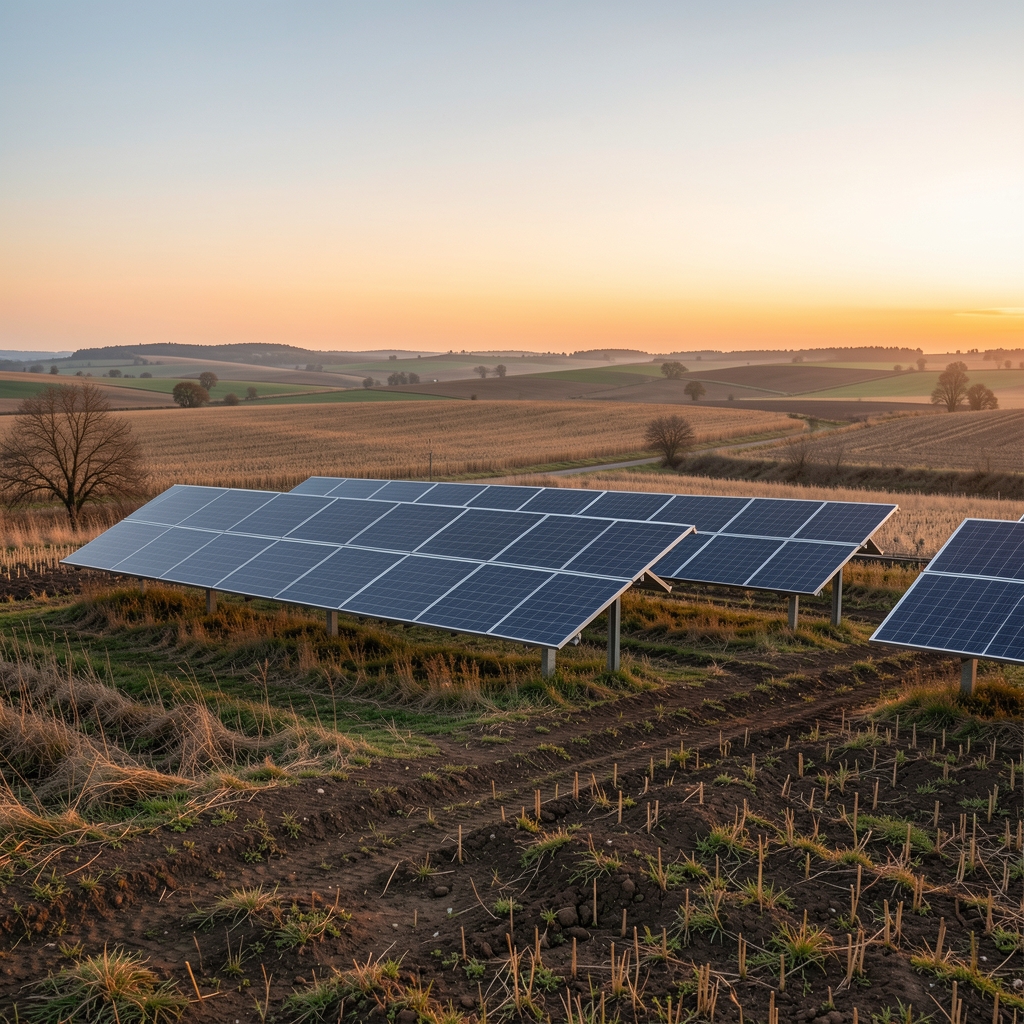 Panouri solare la asfințit într-un peisaj agricol românesc, fără persoane