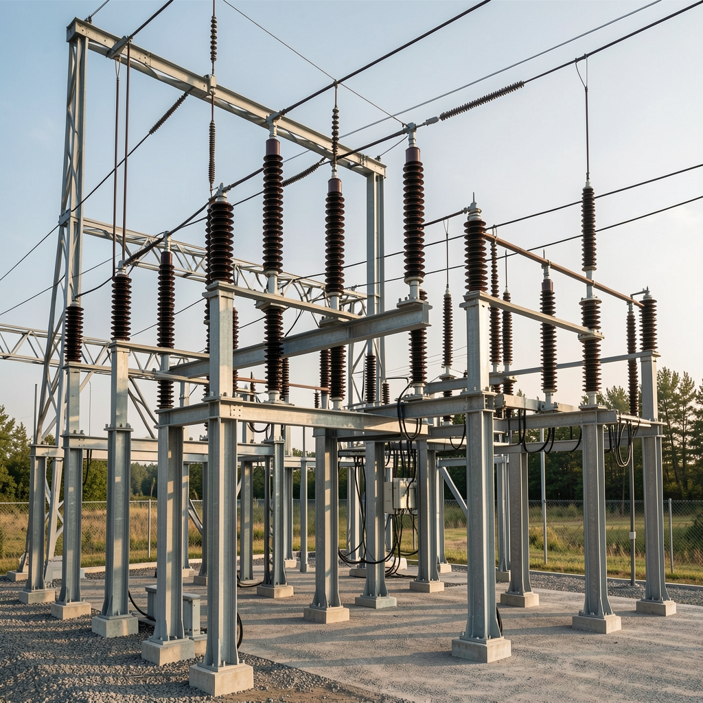 Stație de transformare electrică modernă cu bare și izolatoare, fără persoane