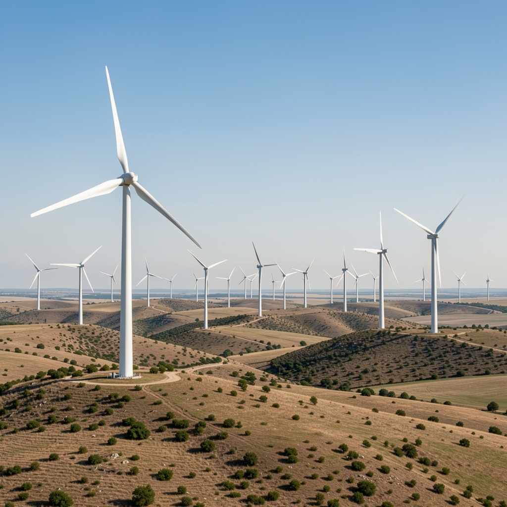 Parc eolian extins pe dealuri din Dobrogea, turbine albe și cer clar, fără persoane