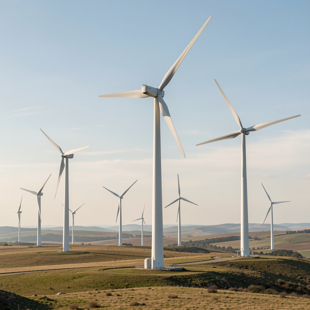 Turbine eoliene moderne văzute de aproape pe un platou deschis, fără persoane